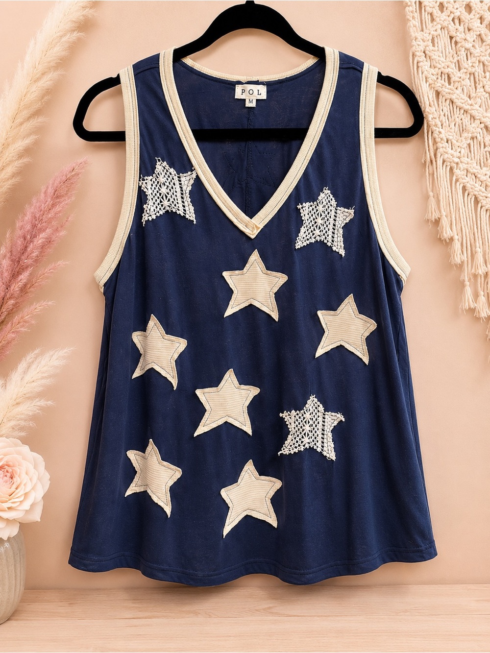 NWT POL Star Appliqué Tank Top Navy Cream Crochet Boho Patriotic Size Medium